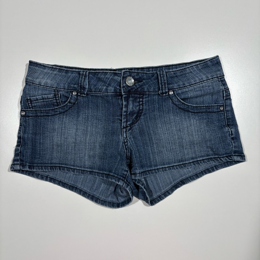 Seductions Blue Denim Micro Shorts Size 9 Back Zipper Pockets Rhinestone Button